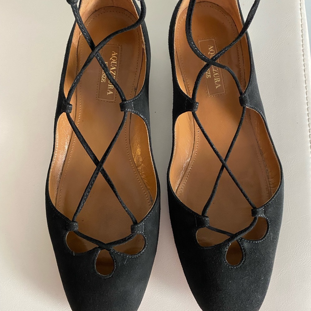 Aquazzura Black Suede Lace-Up Flats